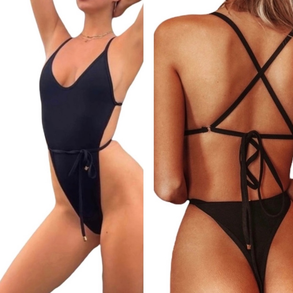 Kotomi Savannah Black High Cut One Piece Swimsuit NWOT